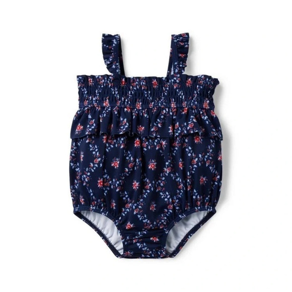 NWT Janie and Jack swimsuit Merchant Marine floral smocked one piece 0-3 months - Picture 1 of 4